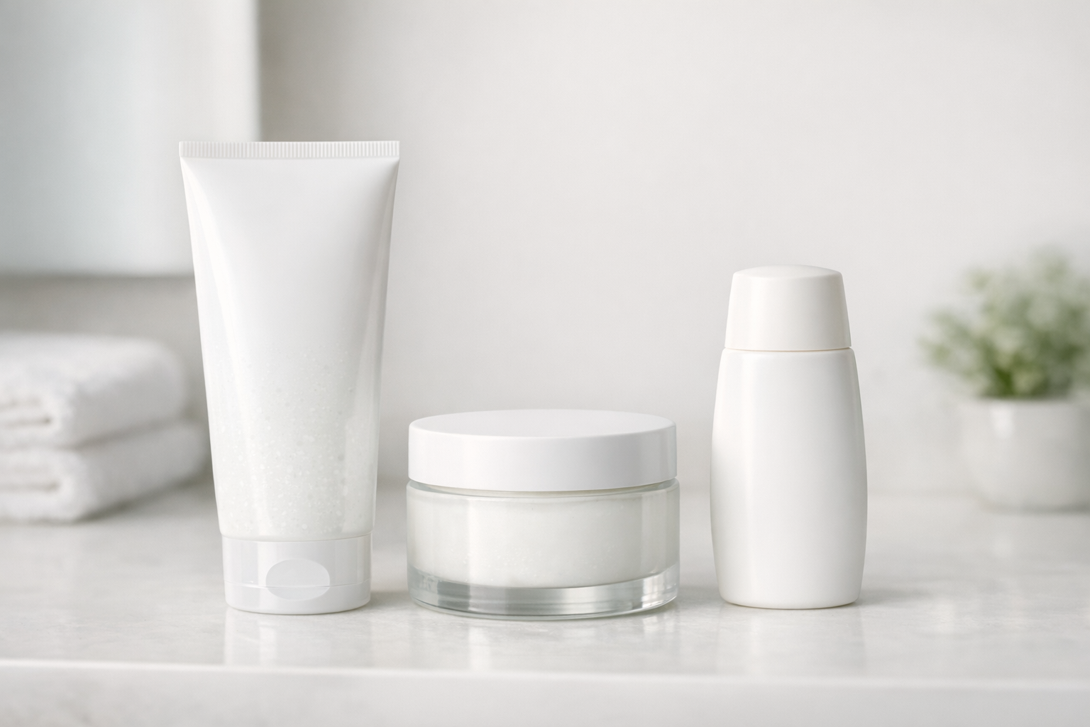 Three beginner skincare products on a bathroom counter: cleanser, moisturizer, and sunscreen